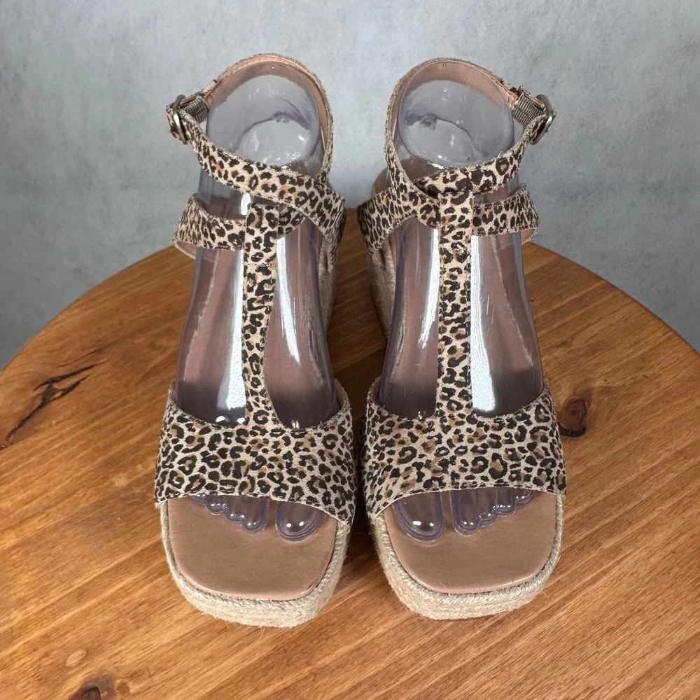 Lucky Brand Valki Wedge Sandals Womens 7M Leopard Print Good Espadrille